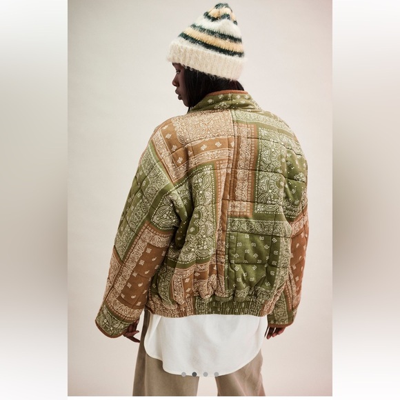 Free People Printed Dolman Quilted Knit Jacket Bandana Army Green - Picture 4 of 7